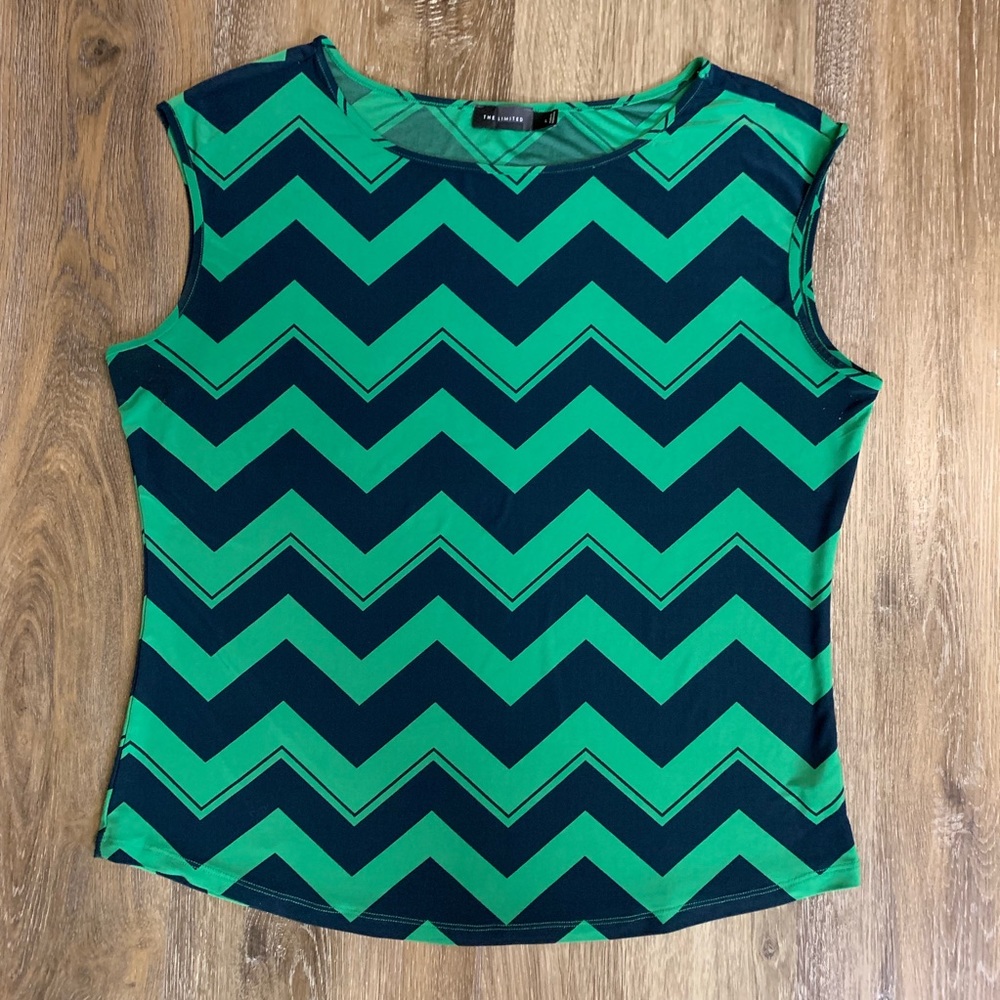Sleeveless Navy Blue and Green Chevron Blouse